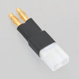 Banana plug adapter with black housing and two gold bullet pins, white insulator