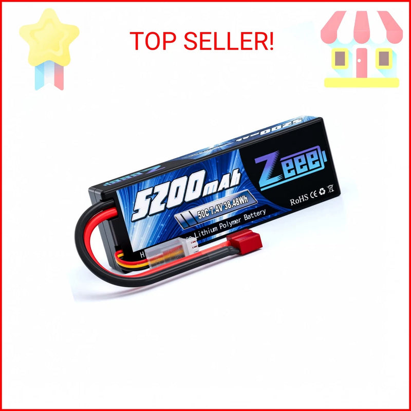 Zeee 2S 5200mAh Lipo Battery 7.4V 50C Hard Case with T Connector for RC Truck RC