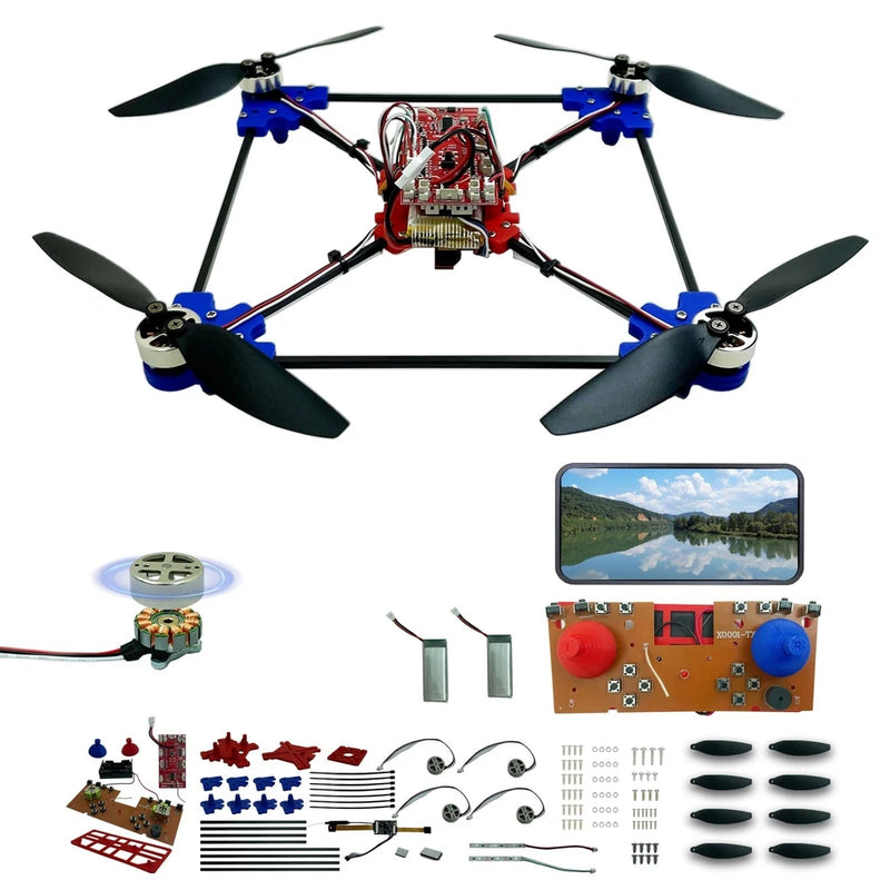 DIY quadcopter drone kit with propellers, motors, circuit board, and parts tray
