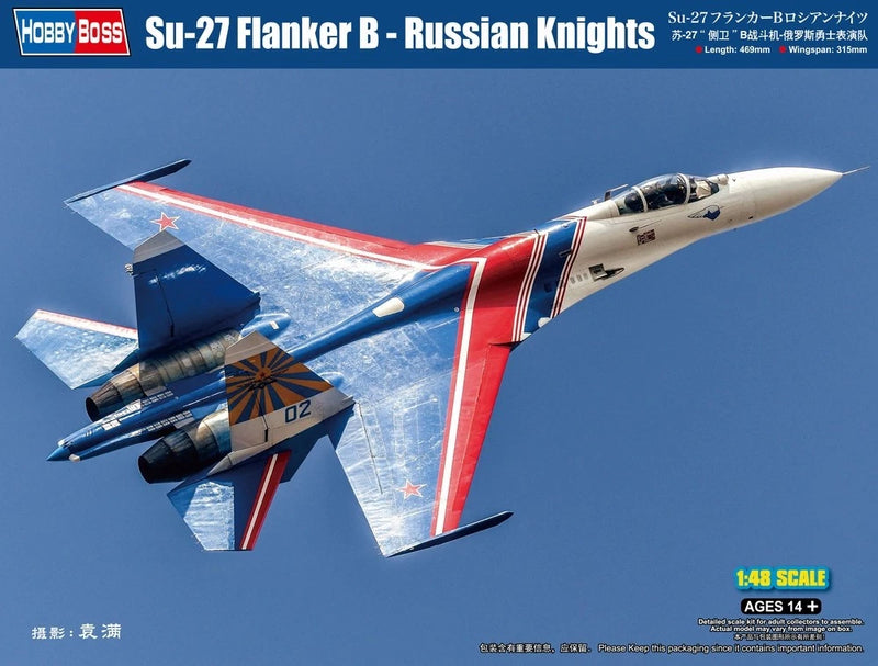 1/48 Su-27 Flanker B Russian Knights jet model with blue, red stripes and white nose