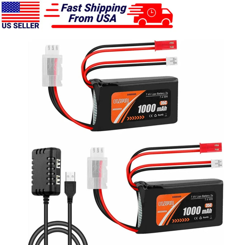 2S 1000mAh 7.4V Lipo Battery SCX24 PH2.0 & JST Plug 35C+2in1 USB Charger 1/10 RC