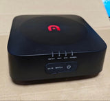 Drone ground control station, dark tabletop unit with red logo and control buttons