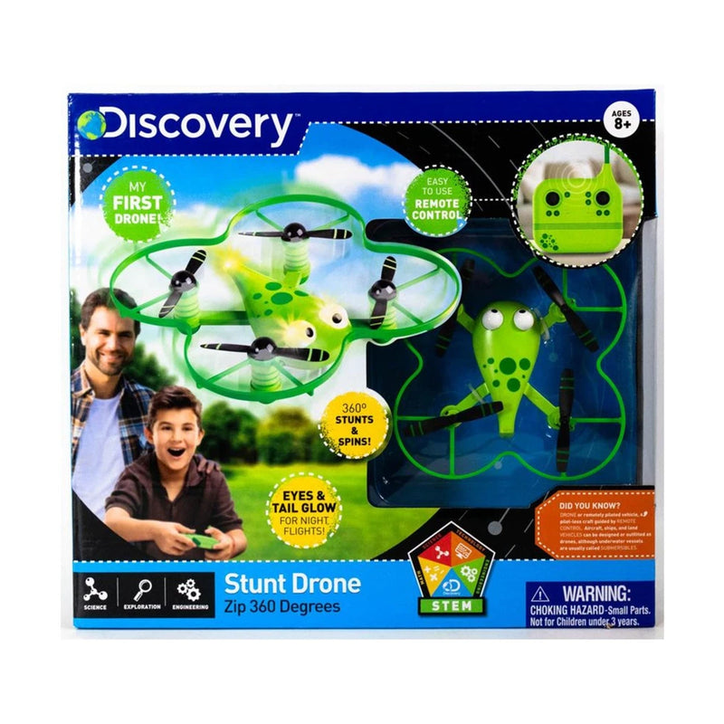 Green stunt drone toy with three spinning blades, retail box packaging.
