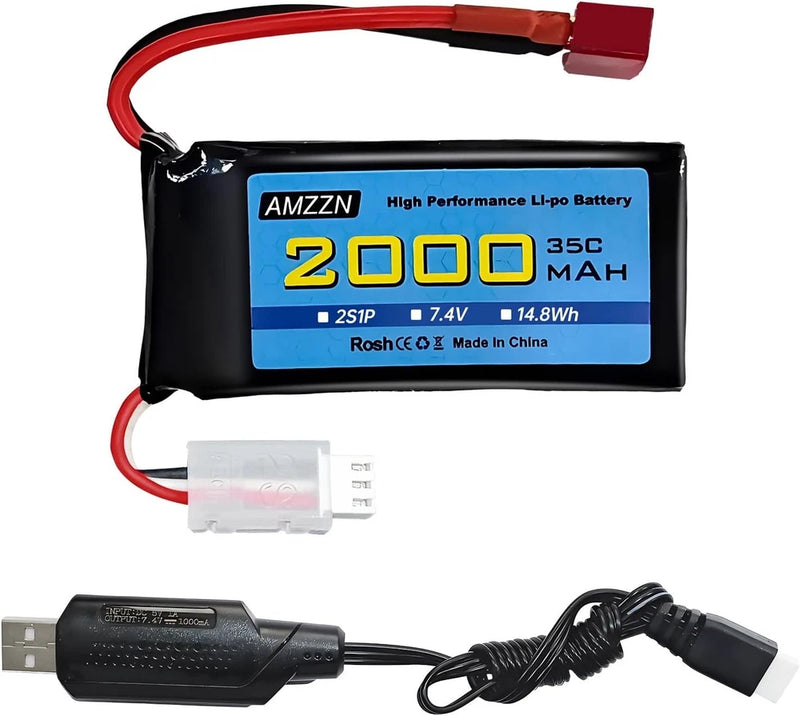 7.4V 2000mAh 35C 2S Lipo Battery with T Plug and USB Charging Cable for 300E
