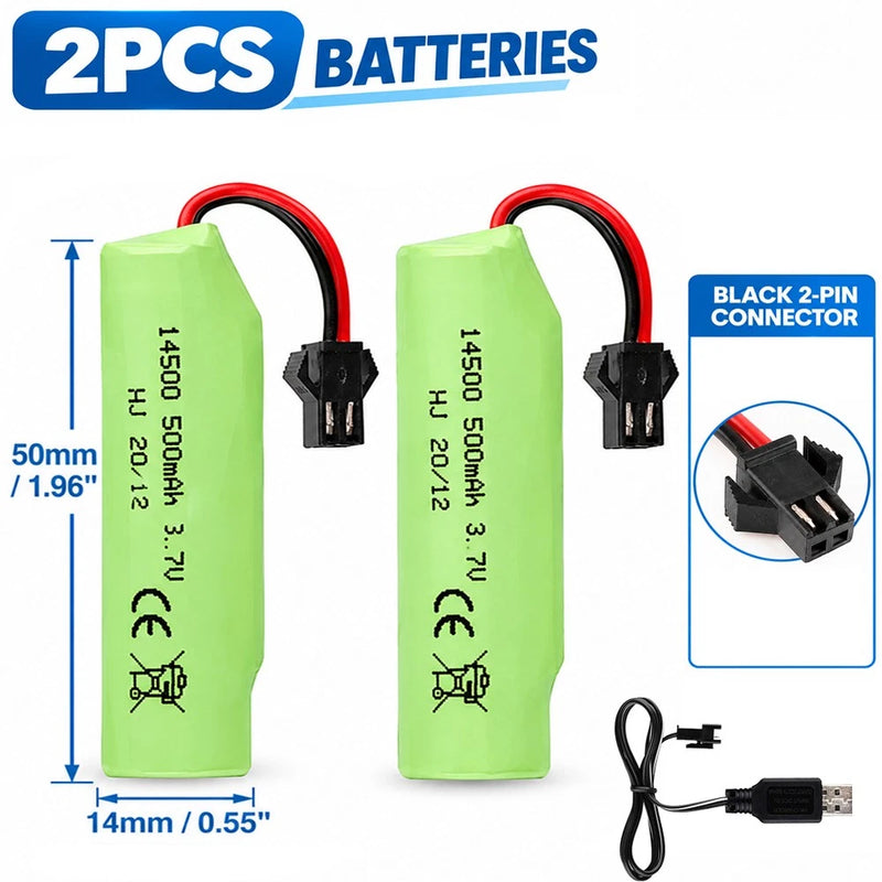 Two green LiPo rechargeable batteries with black 2-pin connectors and USB charging cable