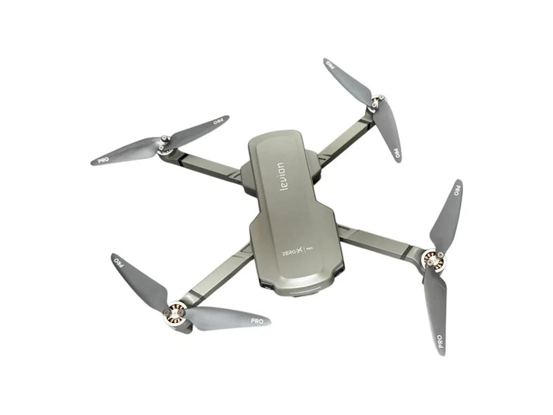 Gray foldable GPS drone with four propellers and built-in camera