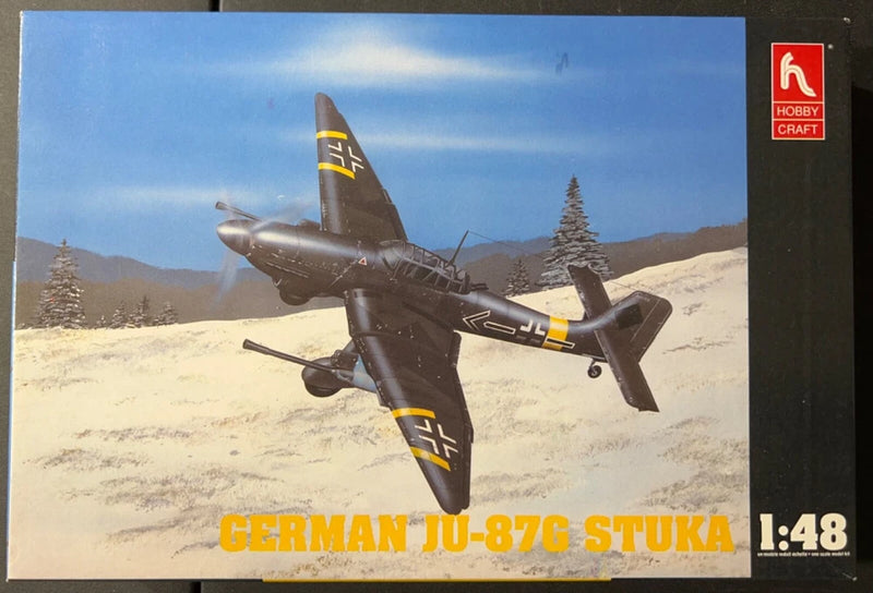 1/48 model aircraft kit box with German Ju-87G Stuka artwork on dark gray plane