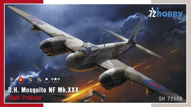 1:72 Mosquito Night Predator model kit box art showing aircraft in flight