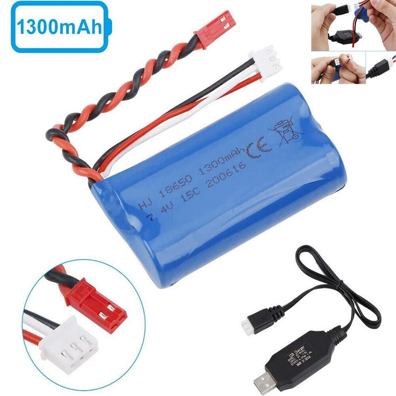 Blue 7.4V Li-po RC battery pack with JST plug and USB charging cable