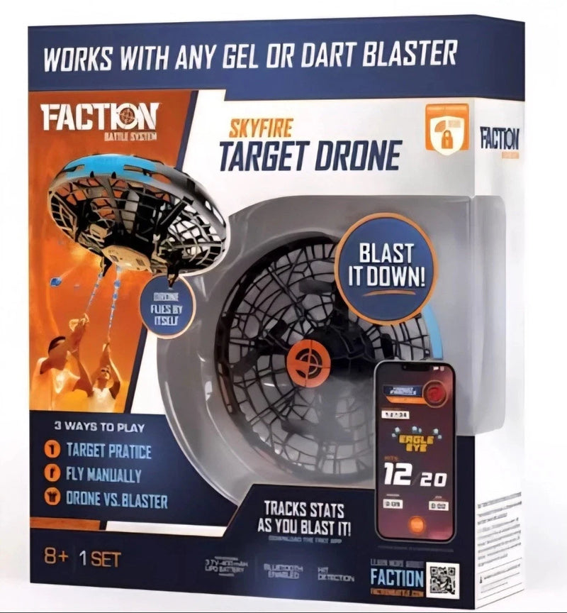 Gel target drone blaster set box with black and orange drone illustration