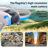 White and blue mini optical flow drone with dual camera lenses and propellers