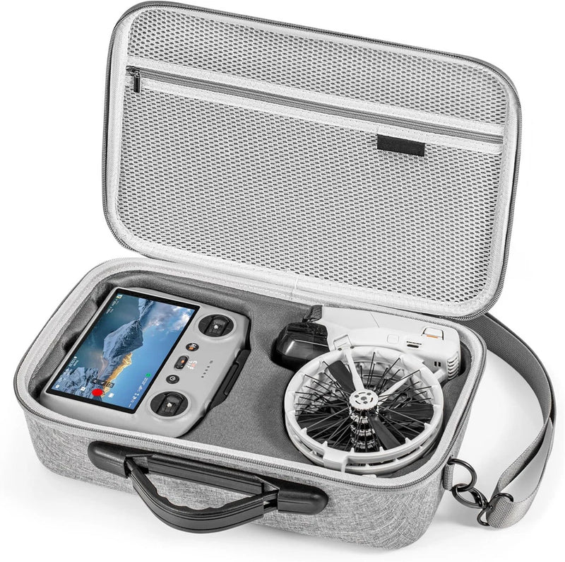 Gray zippered protective drone carrying case with mesh lid, foam compartments, and shoulder strap