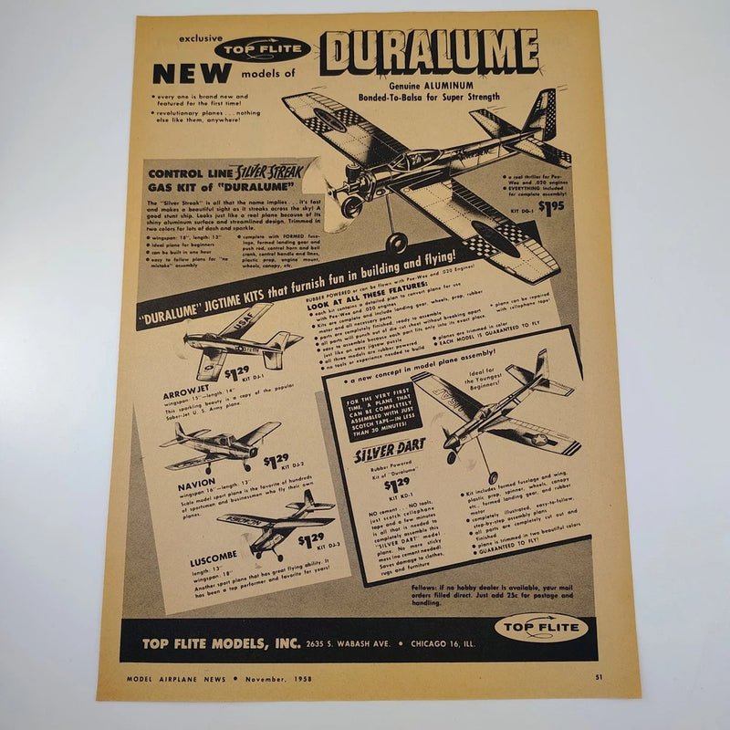 Vintage Top Flite Duralume model airplane kit magazine advertisement with airplane drawings