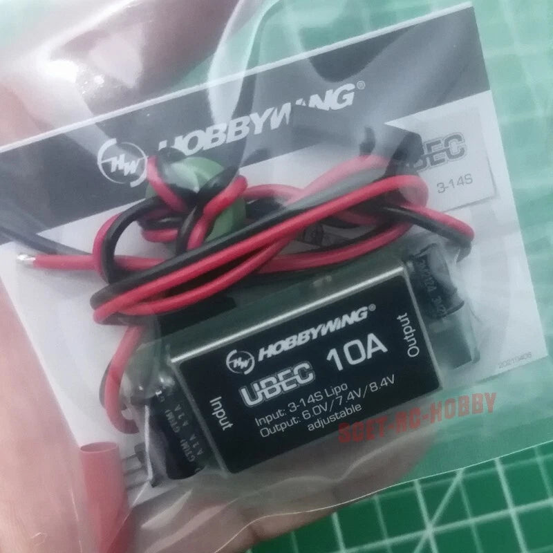 HobbyWing UBEC 10A HV power module with red wire leads and printed labels
