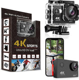 4K WiFi waterproof action camera in clear housing, shown with retail product box