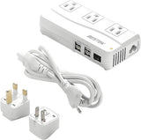BESTEK white travel voltage converter with 3 AC outlets, 4 USB, and plug adapters