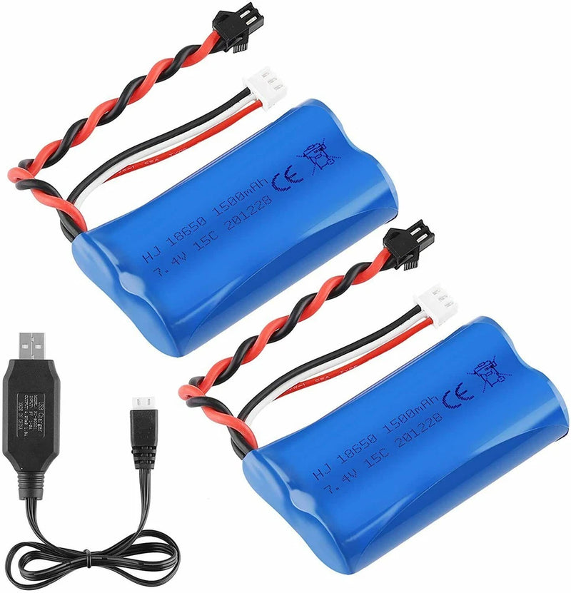 2PCS 1500mAh 7.4V 15C 2S Li-Ion Battery SM Plug USB Charging Cord for RC Car Battery