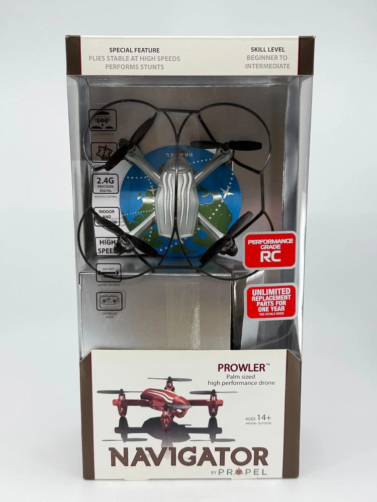 Palm-size kids performance drone in retail box, blue and black with red accents, RC 2.4G