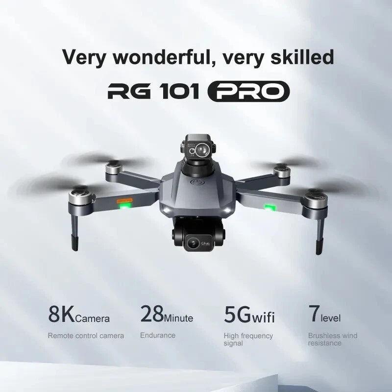 Quadcopter drone with 2-axis gimbal and 8K camera, dark gray with four propellers.