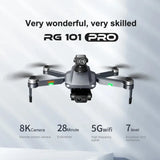 Quadcopter drone with 2-axis gimbal and 8K camera, dark gray with four propellers.