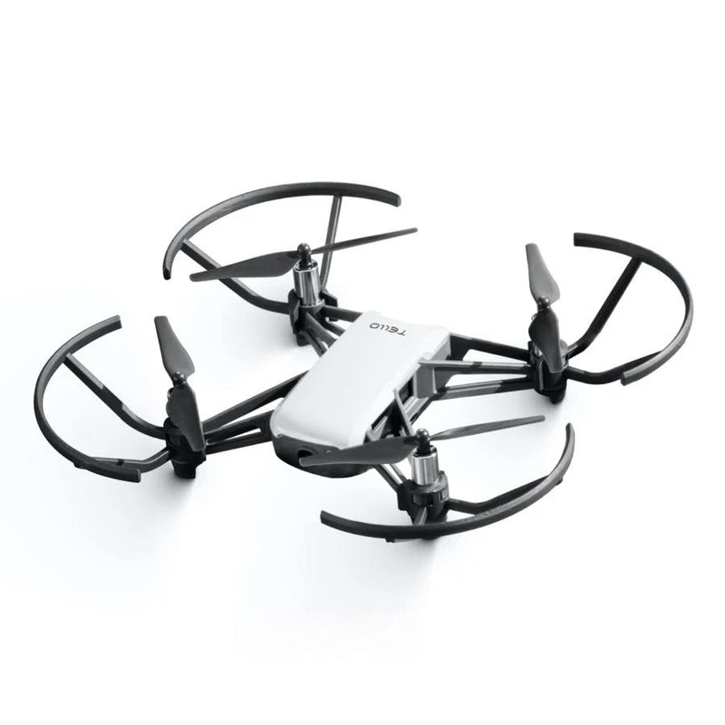 Mini drone with white body and four black propeller arms