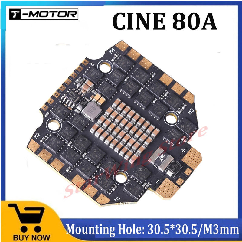 T-MOTOR CINE 80A 4-in-1 ESC circuit board with mounting holes, black and gold