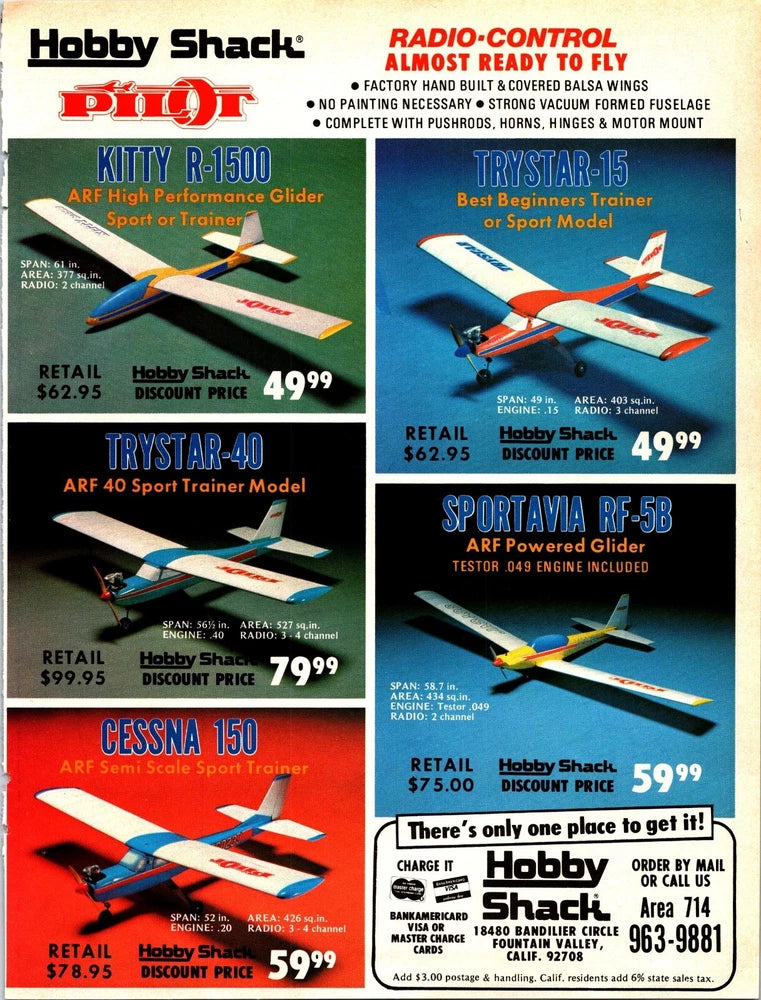 Vintage model airplane hobby store ad collage with RC planes and pricing