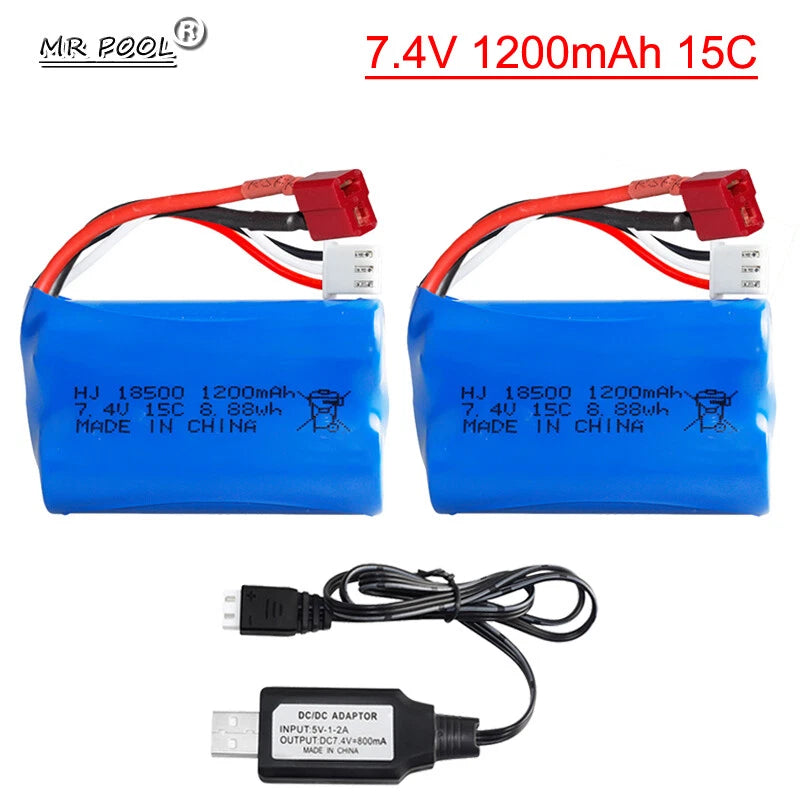 2Pcs 7.4V 1200mAh Li-ion Battery T plug for Electric Toys water bullet gun toys