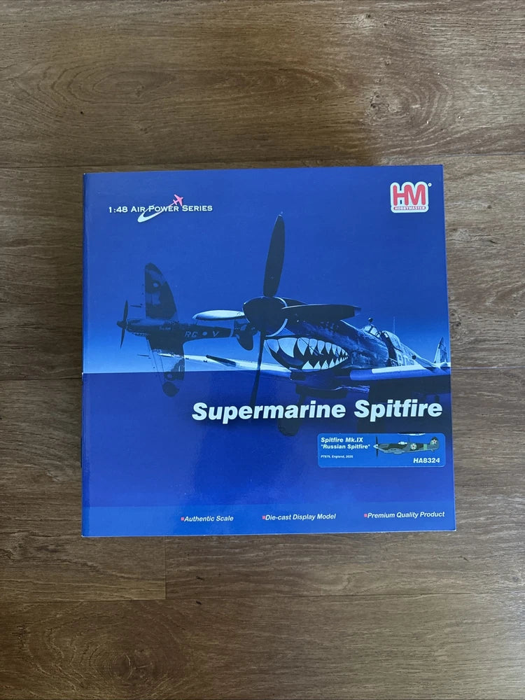 Hobby Master 1:48 Spitfire model kit box, blue with aircraft artwork