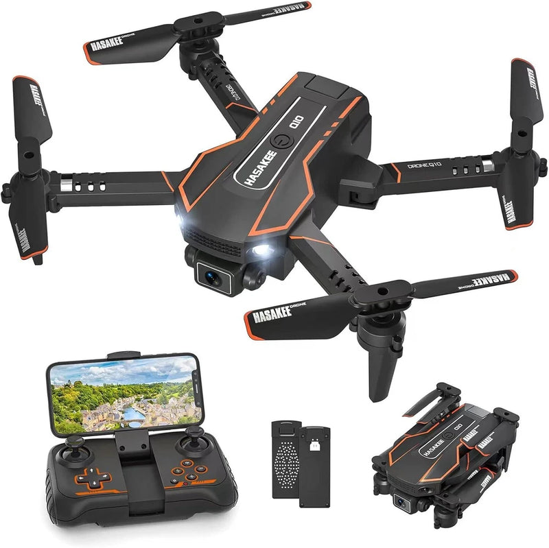 Black and orange mini camera drone with LED, controller with screen and remote handset