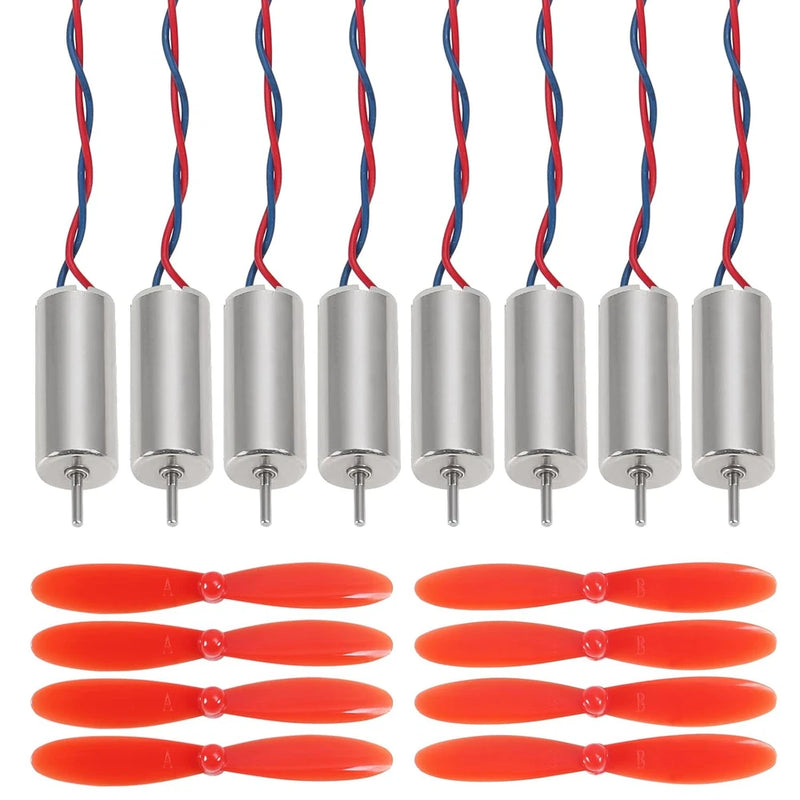 Set of small brushed DC motors with orange propellers, cylindrical silver housings
