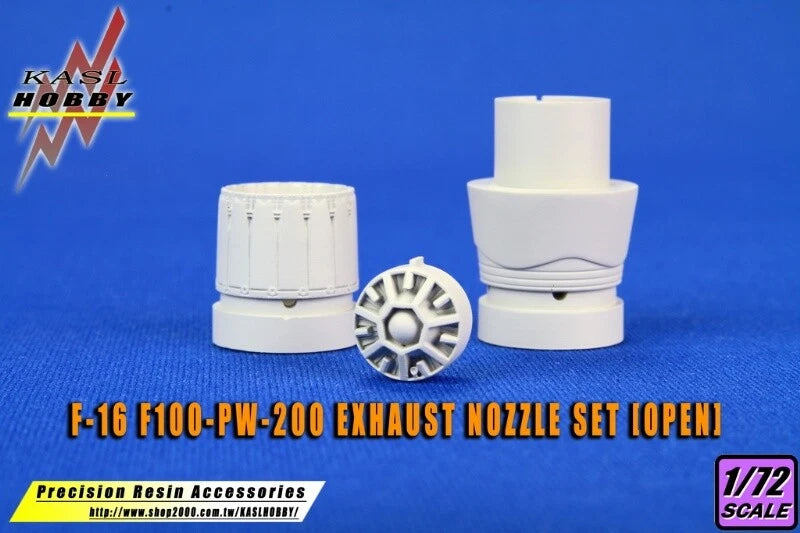 Open exhaust nozzle set for F-16: two white resin sections and one metal nozzle insert