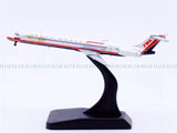 TWA MD-83 model airplane in red and white on black display stand