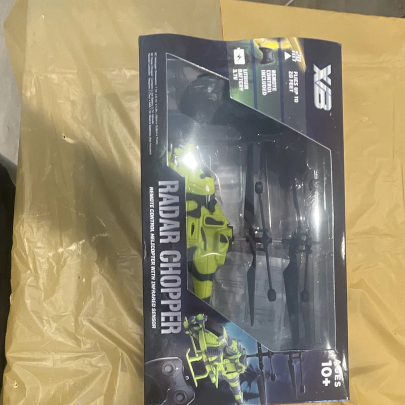 Green 4CH micro RC helicopter retail box with helicopter and accessory images