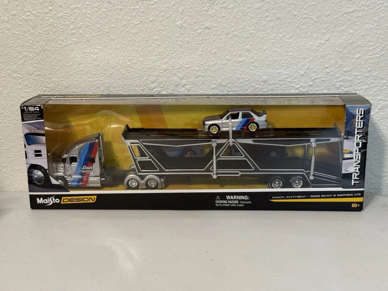 Transporter Mack Anthem & 1988 BMW M3 1:64 Scale Diecast Model Maisto Design