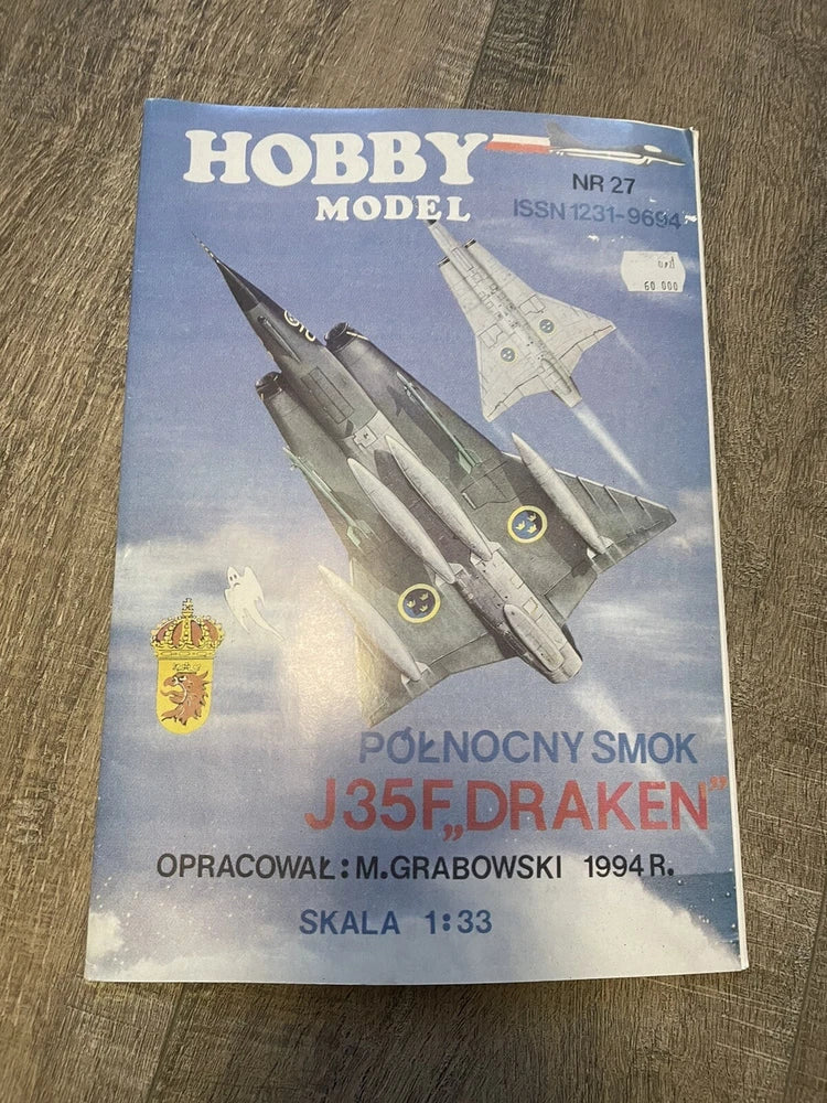 Vintage hobby model kit box cover with J35F Draken fighter plane illustration