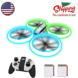 Kids RC quadcopter drone with blue LED prop rings, black controller, and two spare batteries