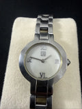 Silver ESQ womens wristwatch with metal link band and white MOP dial, Roman numerals