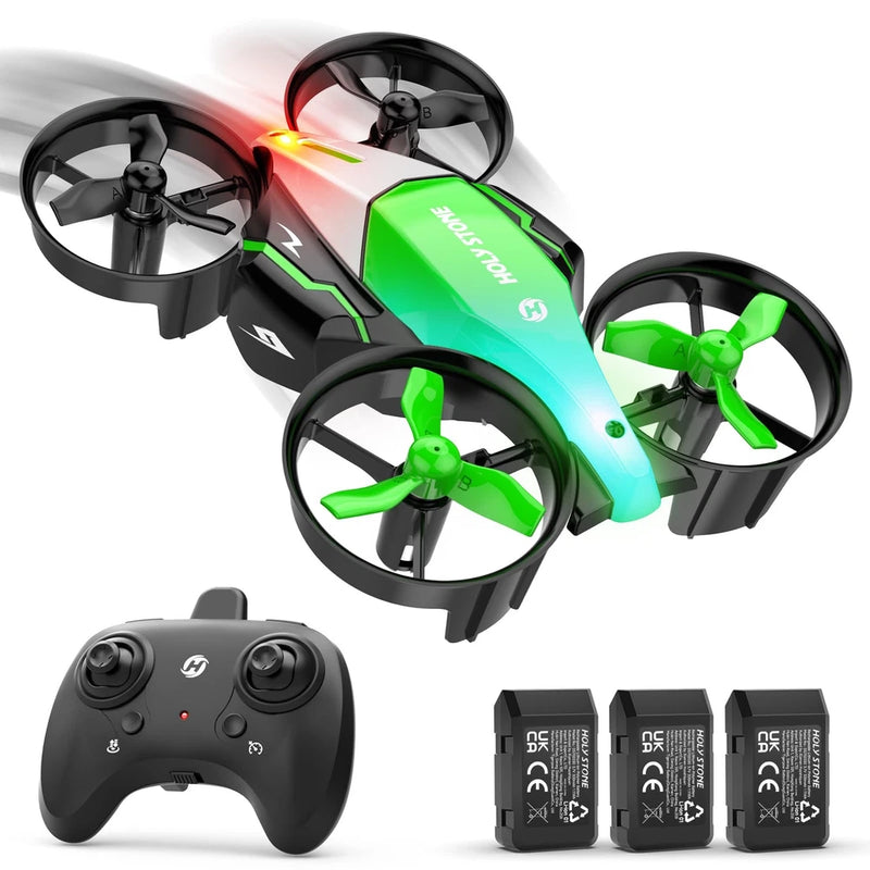 Mini toy drone set with green quadcopter, black controller, and three replacement batteries
