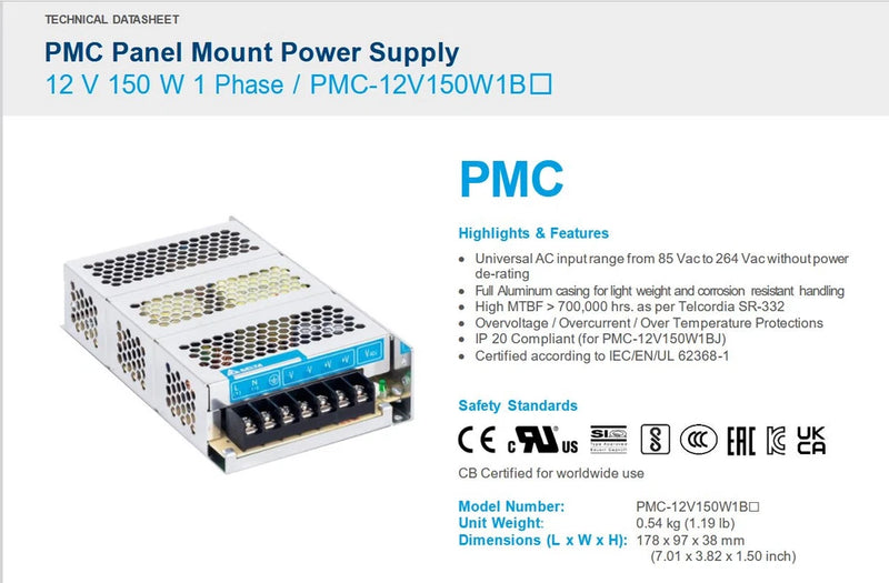 Panel-mount AC-DC power supply unit with blue terminal block, 12V 150W