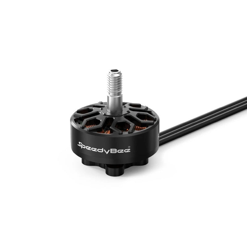 Brushless RC motor with silver shaft and black housing, SpeedyBee branding and wires