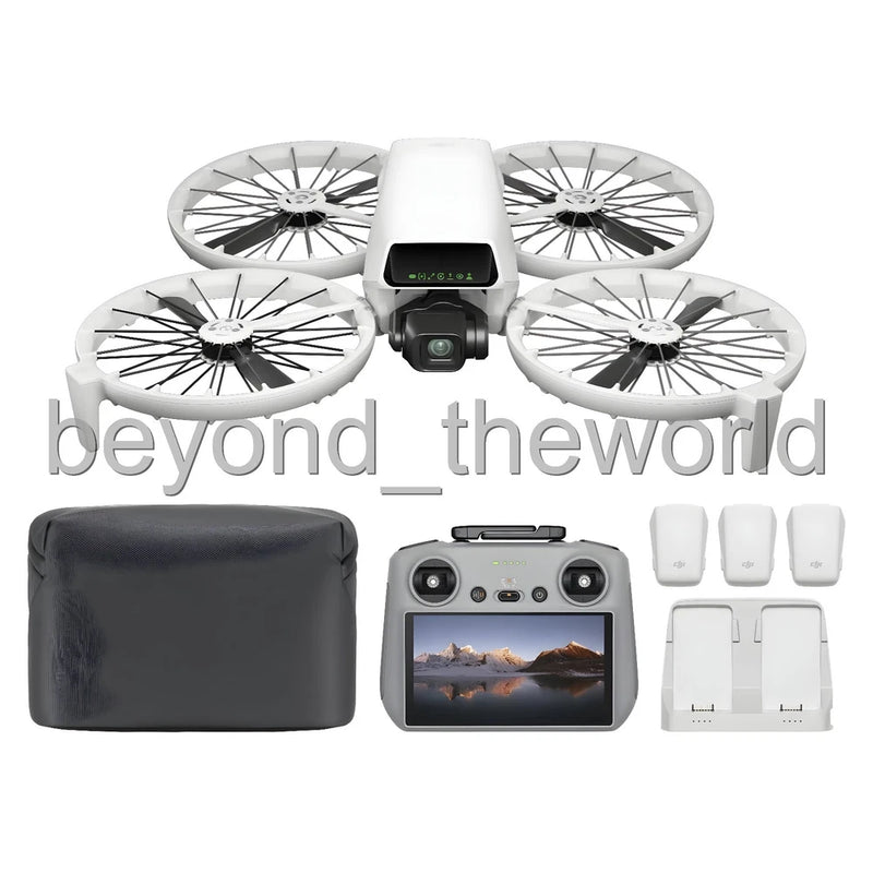 Camera drone kit with foldable propellers, RC controller, carry bag, and three batteries