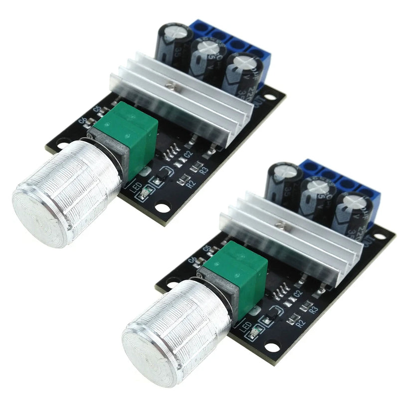 Pair of PWM DC motor speed controller boards with potentiometer knob and green terminal