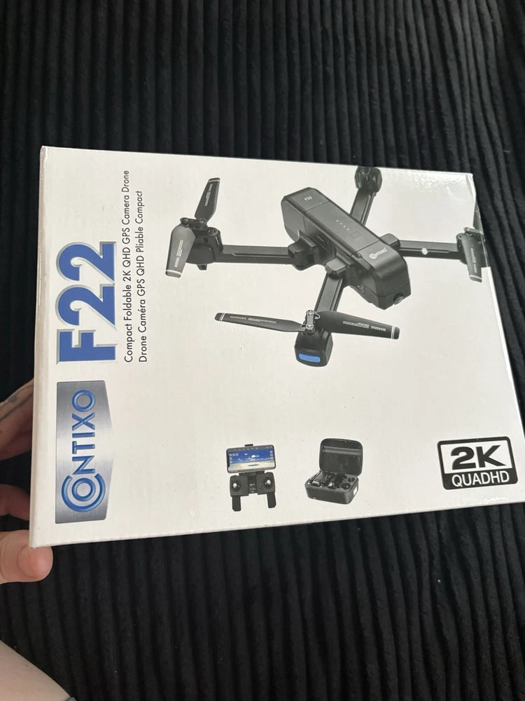 Contixo F22 drone retail box with 2K UHD and drone illustrations