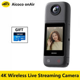 Black action sports camera with front lens and small display screen