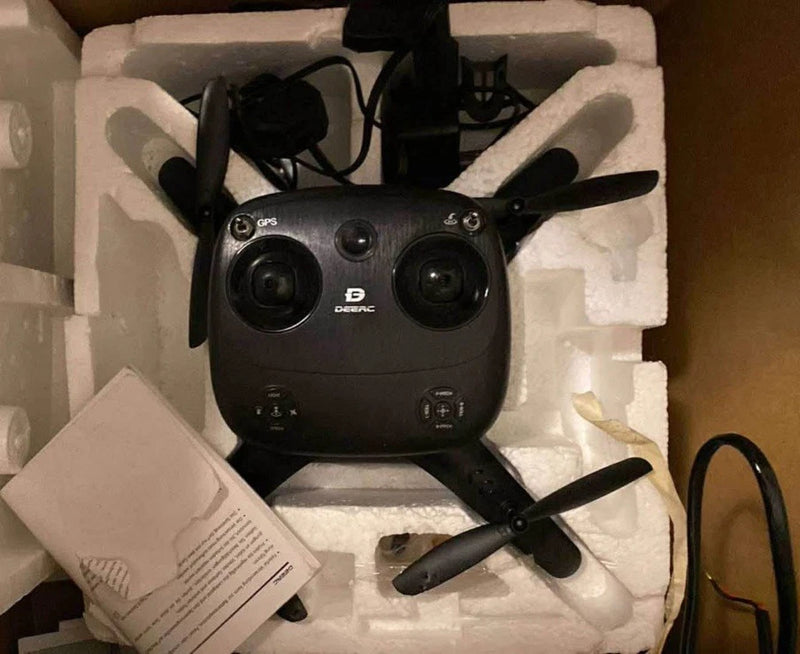 DEERC DJI Mini 2 ready-to-fly drone with camera, black, four propellers in foam
