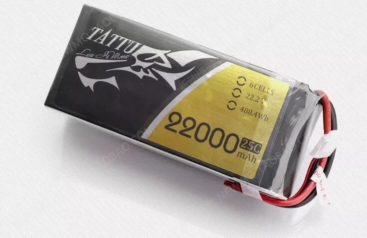 TATTU 22000mAh 22.2V 6S LiPo battery pack with black/yellow label and red wiring