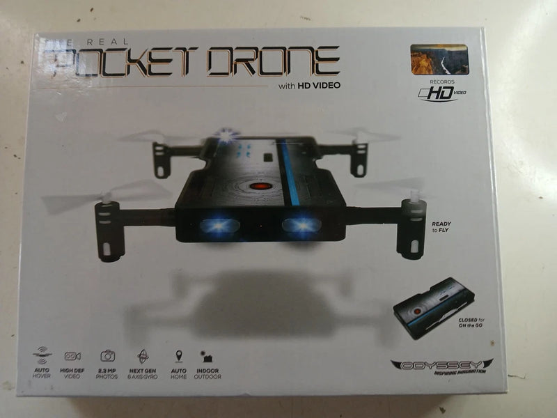 Pocket drone retail box with HD video graphic and controller image