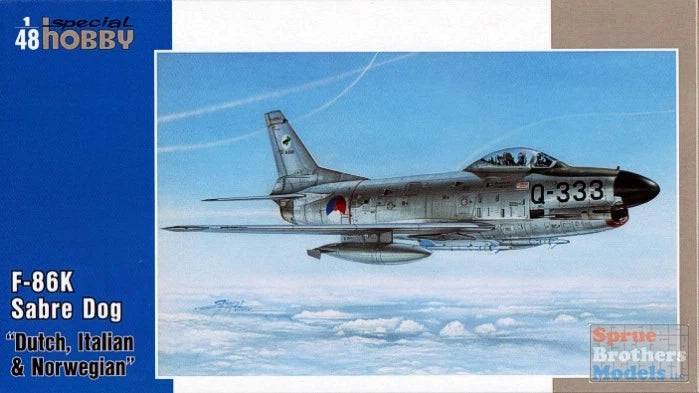 1:48 F-86K Sabre jet model with Dutch/Italian/Norwegian markings, gray with red tail