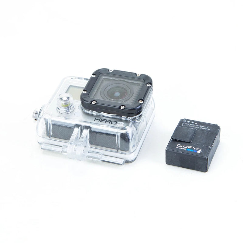 GoPro action camera in clear waterproof case with black accessory box